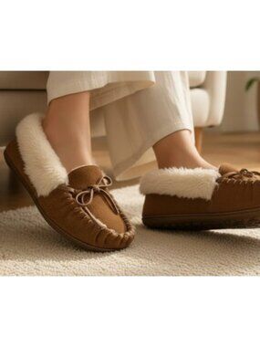 Brown Suede Faux Fur Lined Moccasin Style Slippers Ladies Size 8